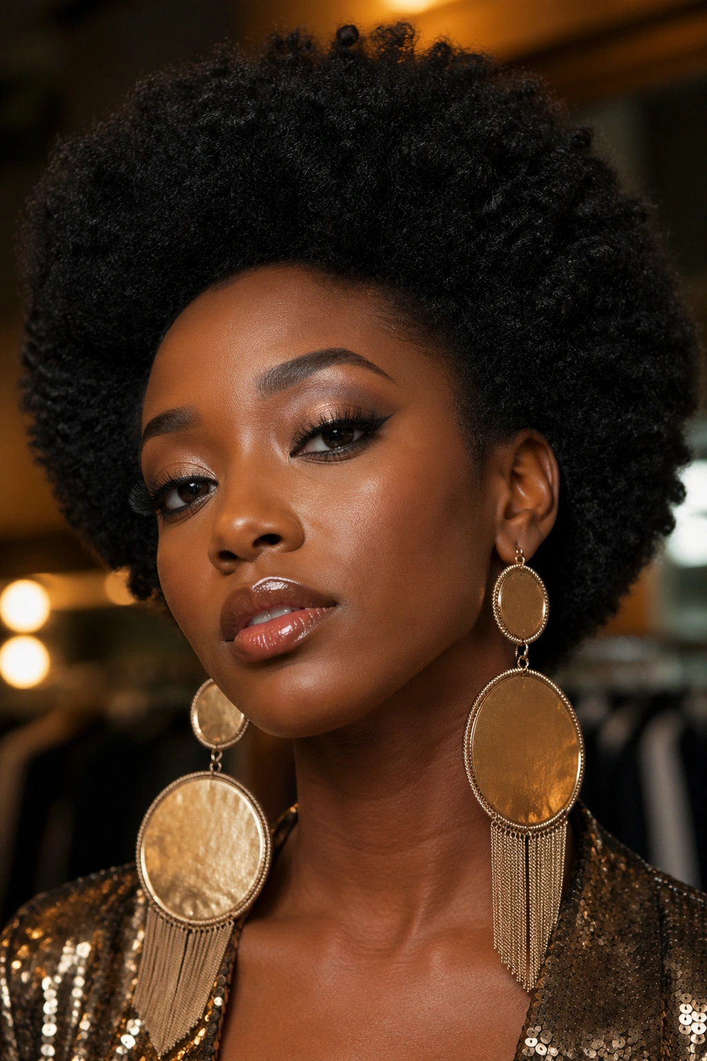 Real woman with full Afro and oversized dramatic earrings