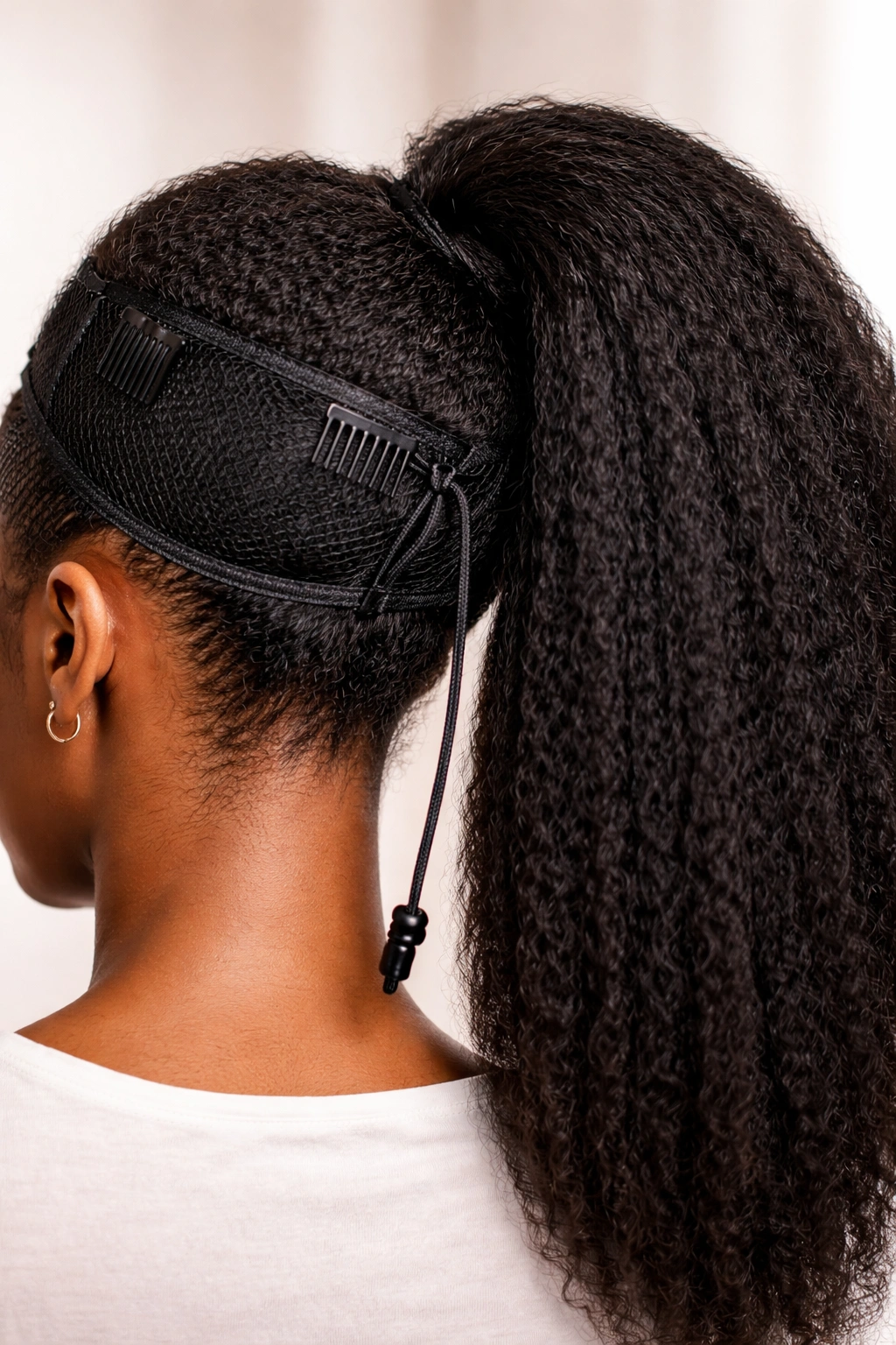 Close-up of sleek Afro drawstring ponytail secured around a bun