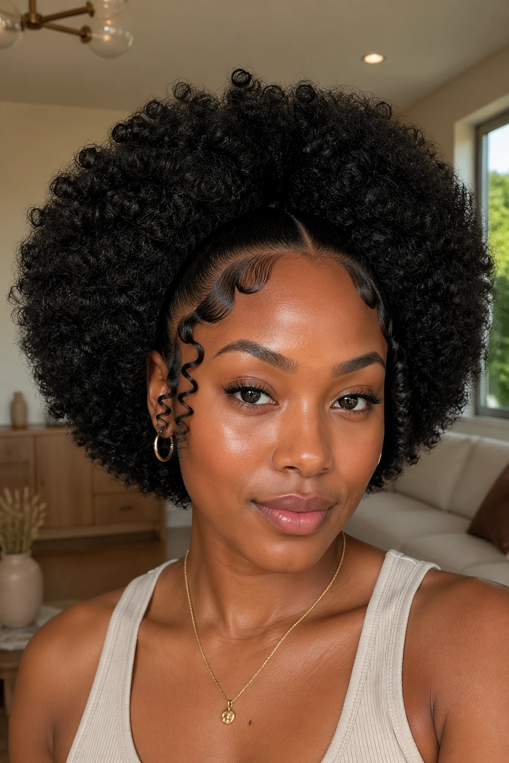 Close-up of a real woman with a shaped Afro, defined edges and temple face-framing curls.