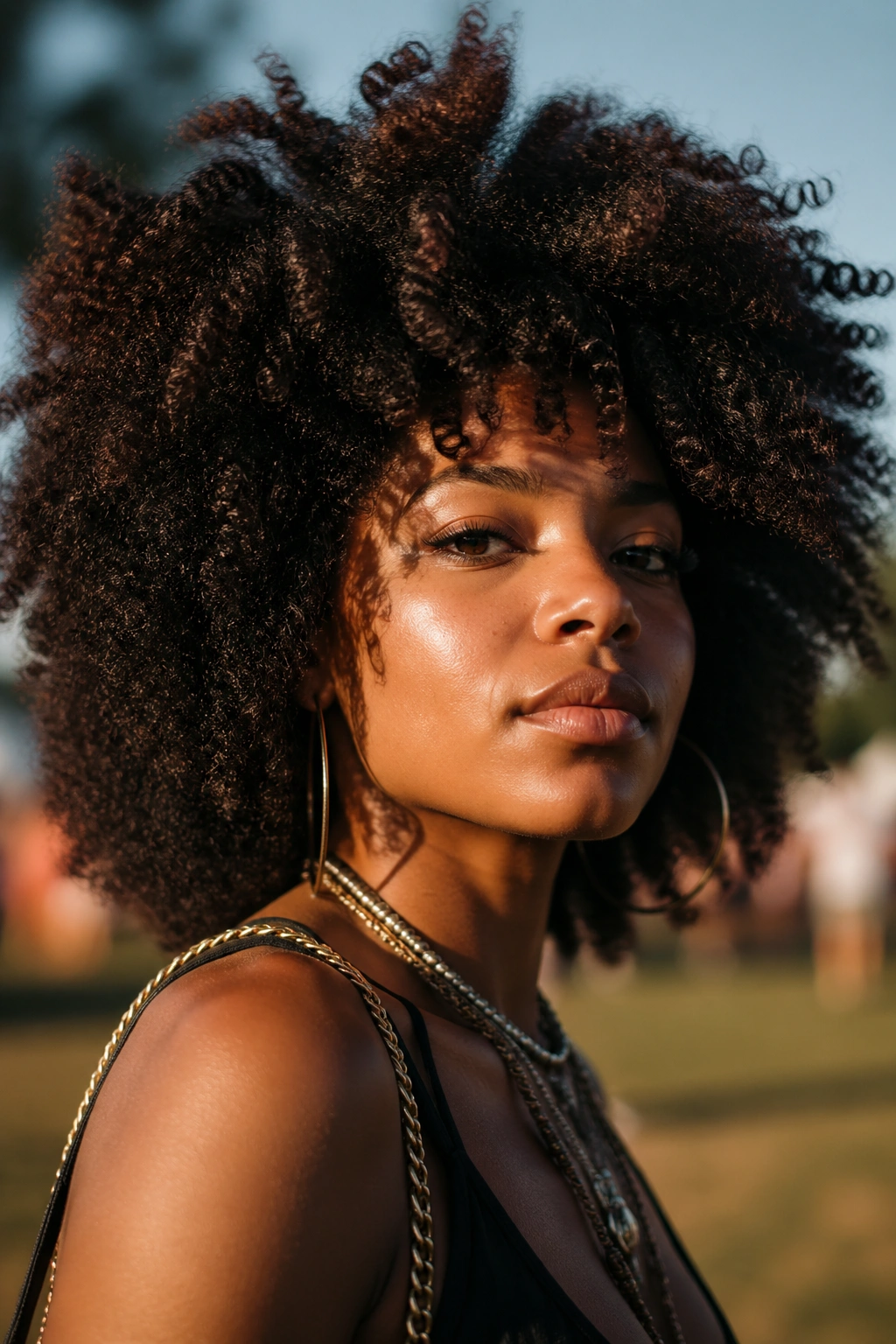 Close-up of a person with a voluminous afro in natural light outdoors