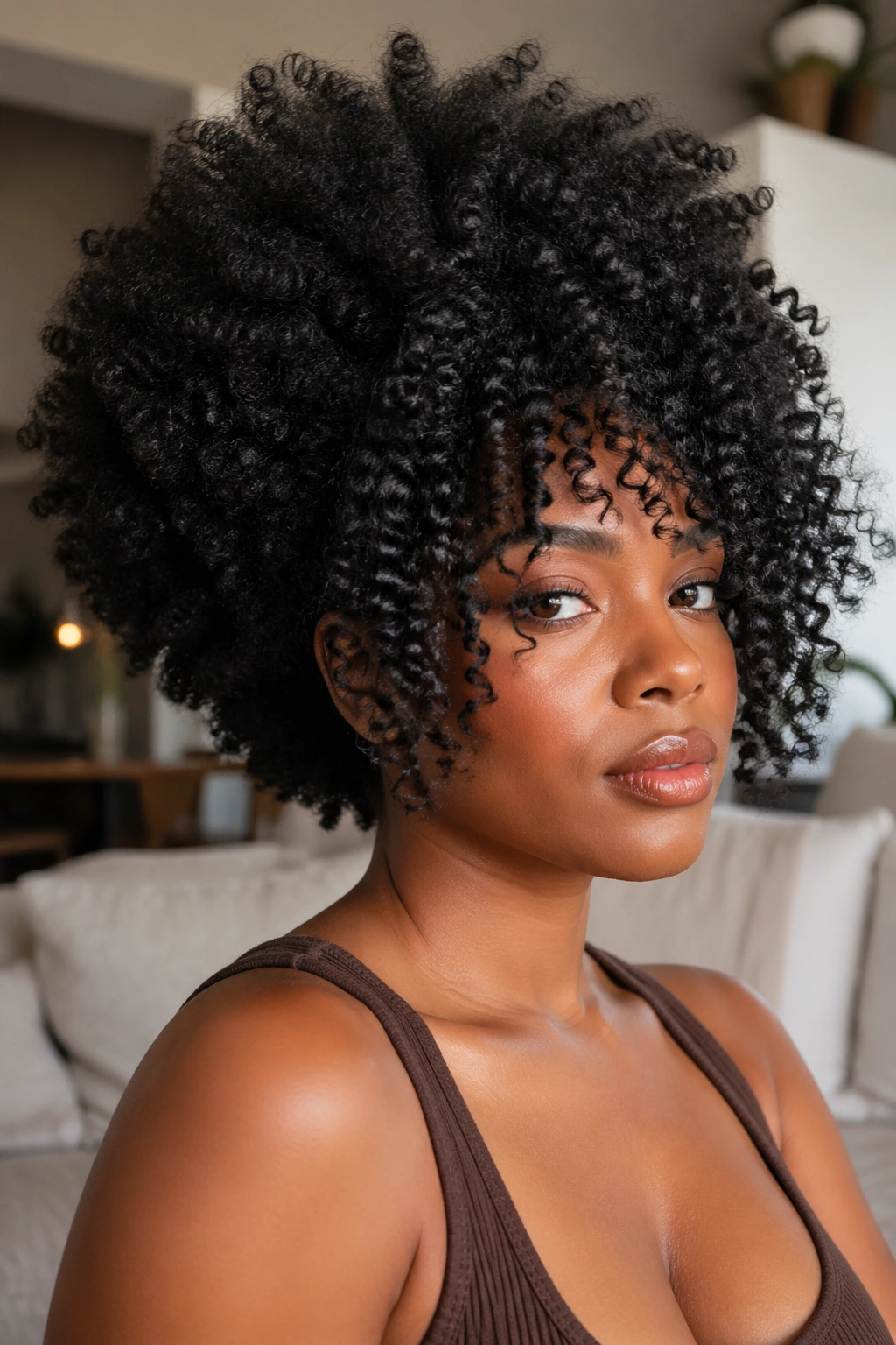 Close-up portrait of a real woman with a fluffy Type 4 Afro and front curls framing the face