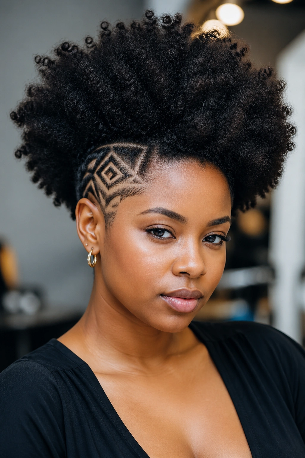 Close-up of a woman with Afro featuring geometric shaved parts