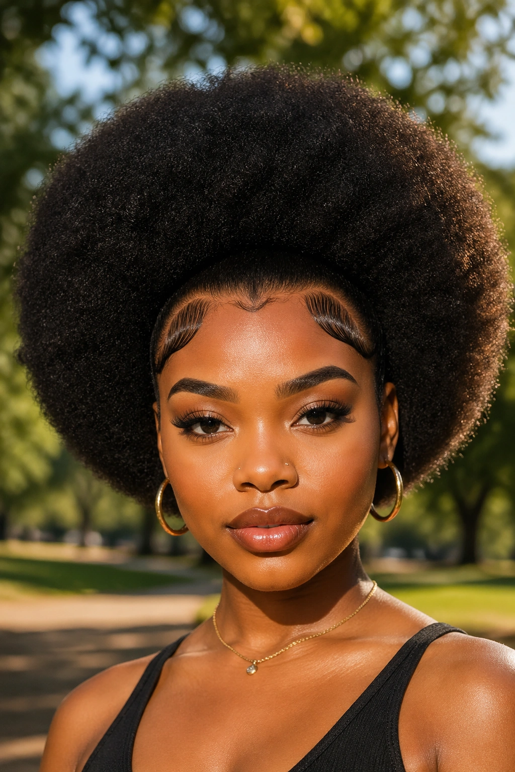 Close-up of a woman with a glossy-edge line on a round Afro.