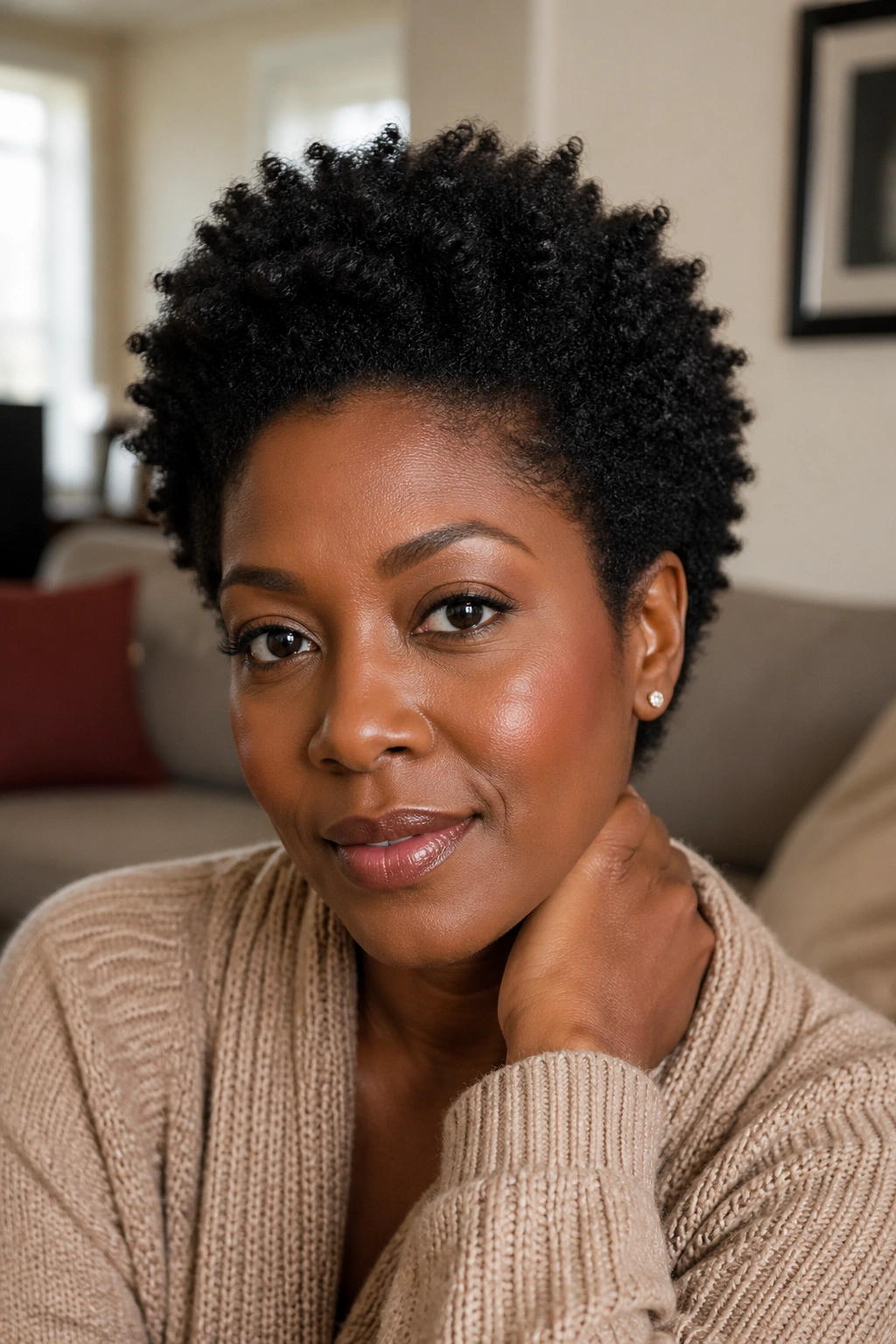 Portrait of a real woman with maintained afro shape between appointments.