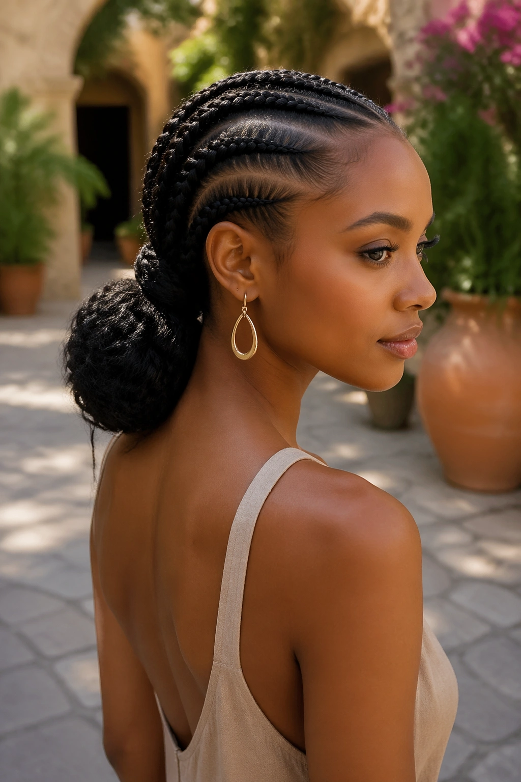 Hero shot of braided-base low ponytail in sunlit courtyard.