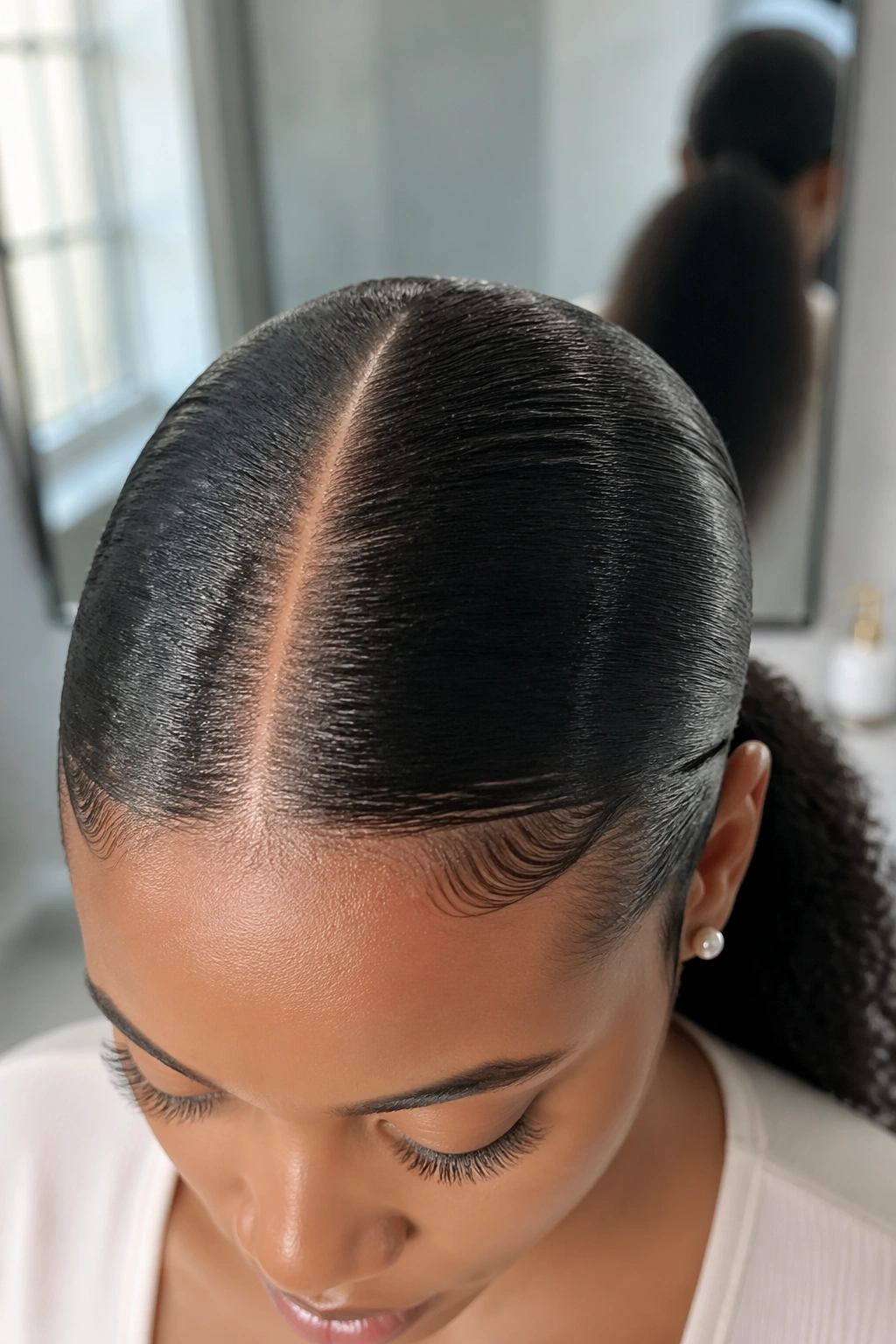 Close-up of a sleek center-part low ponytail on Afro hair in softly lit bathroom.
