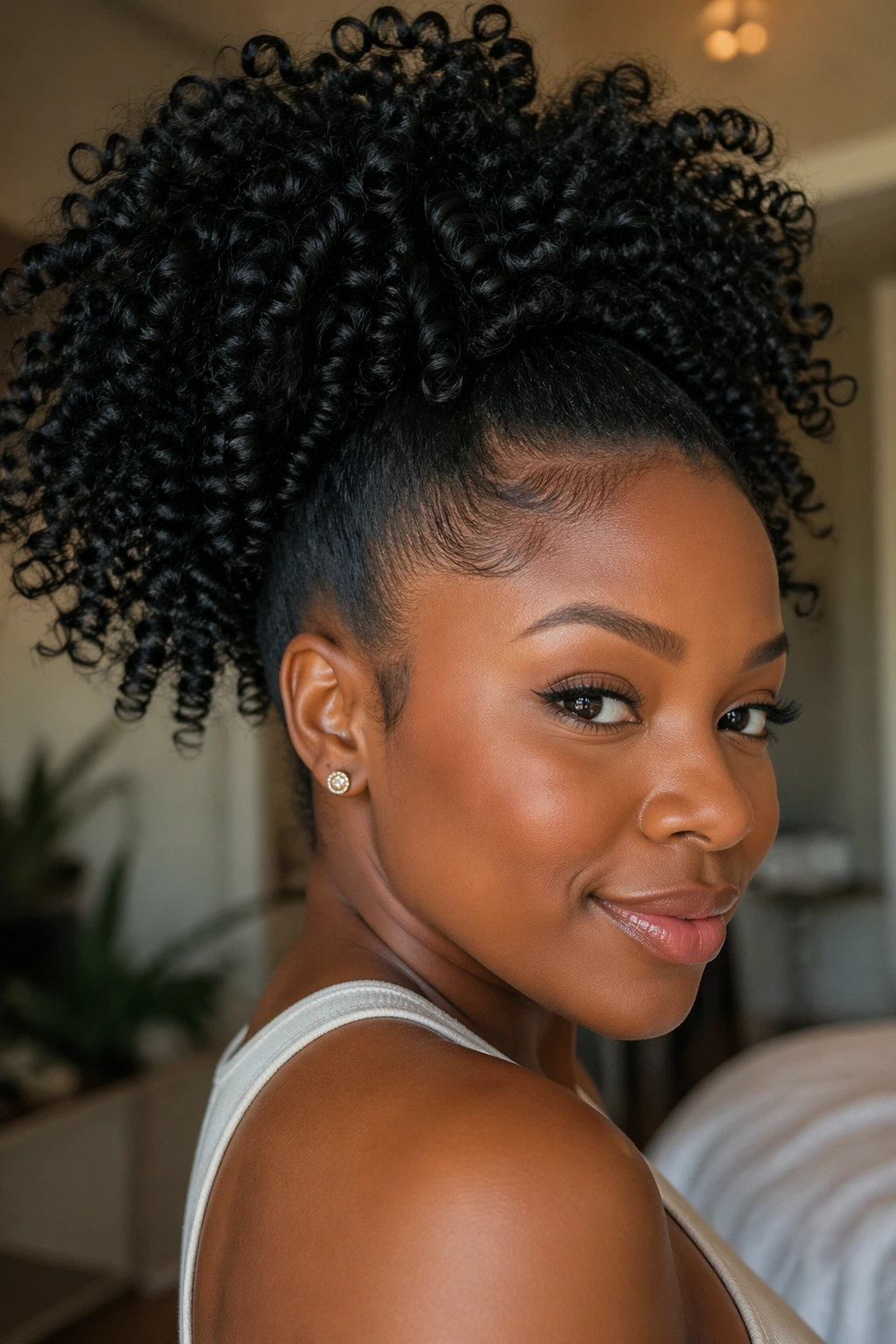 Close-up portrait of a real woman with a full curly drawstring ponytail