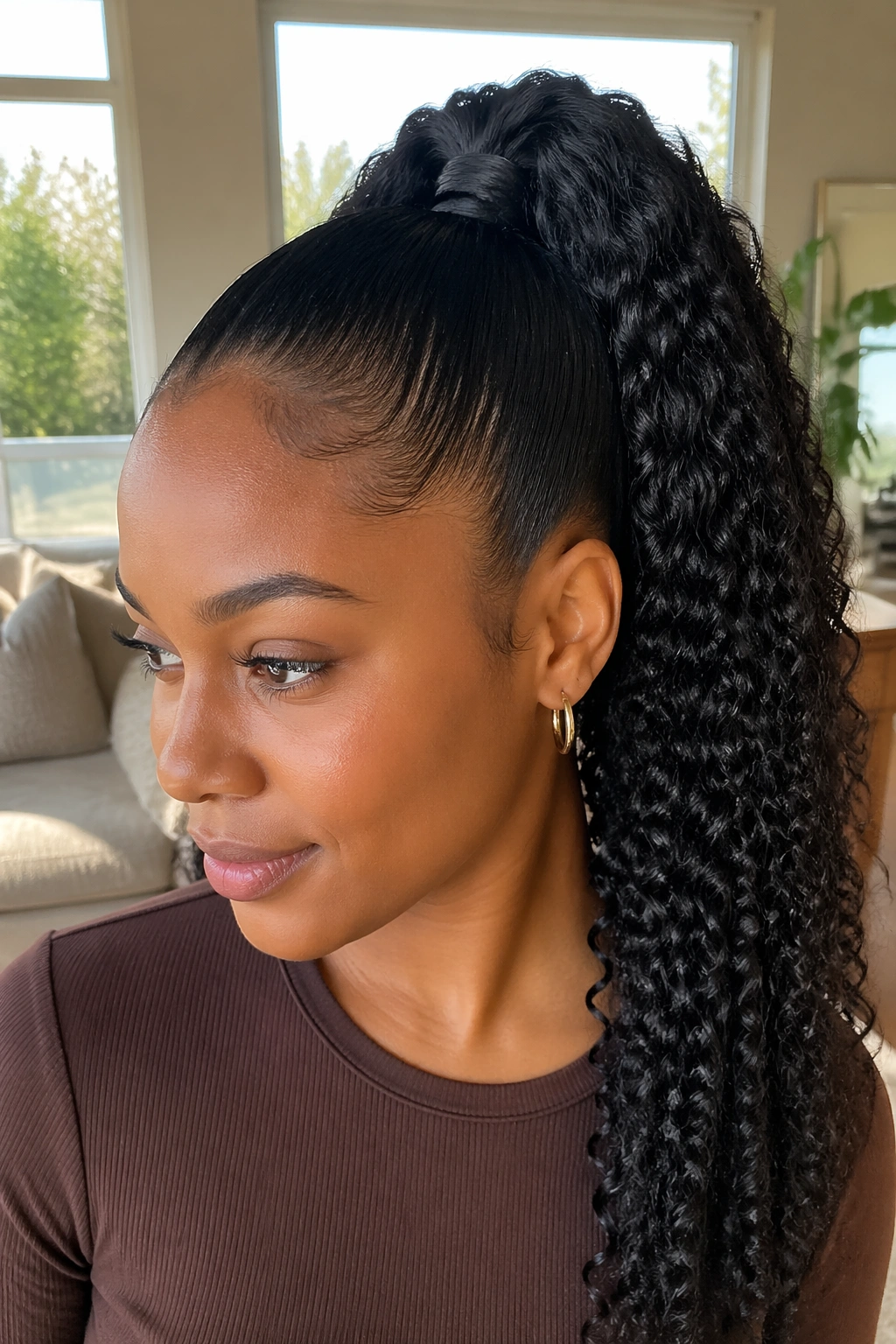 Close-up portrait of a real woman with a high sleek drawstring ponytail on Afro hair
