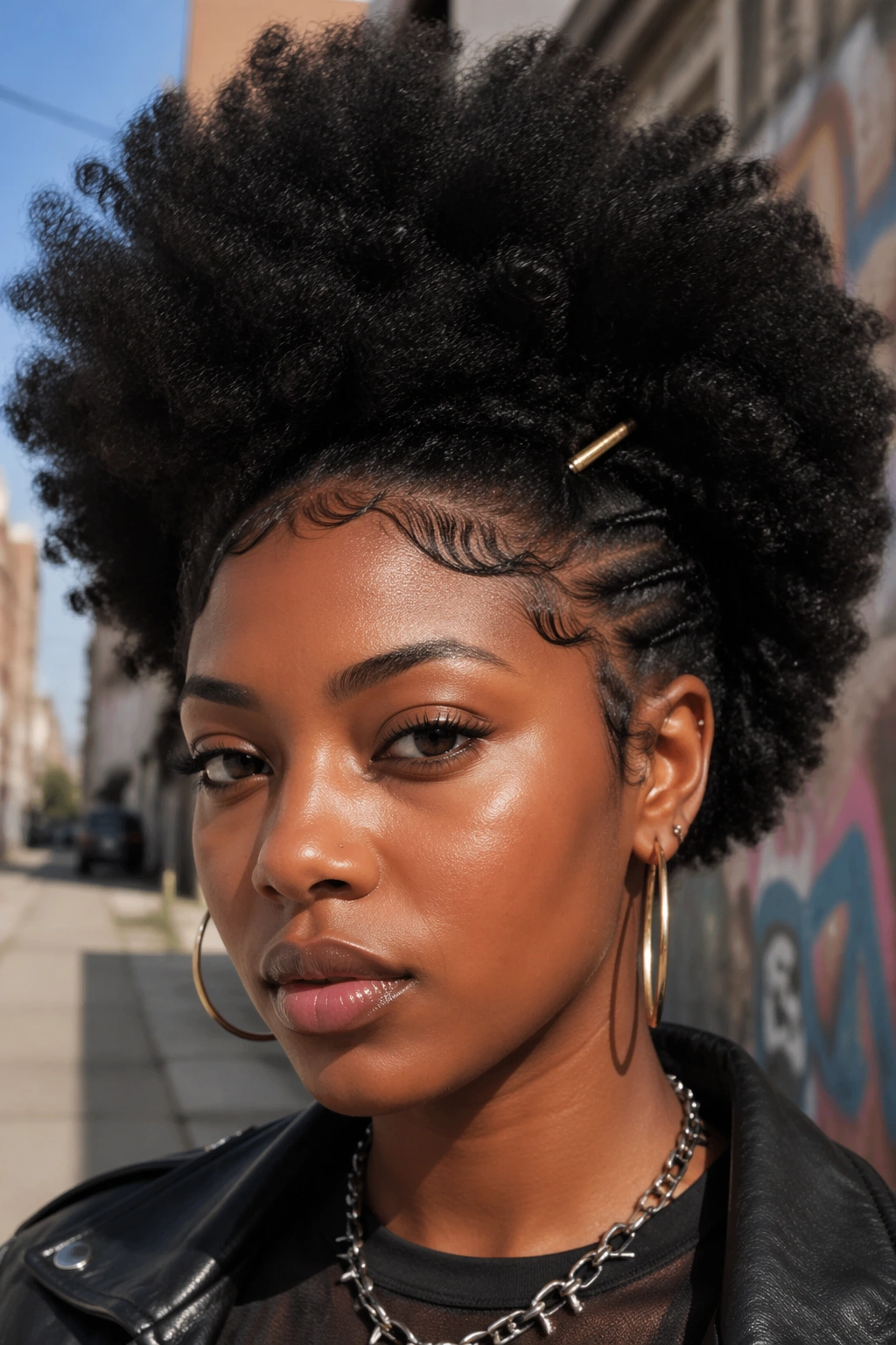 Close-up of a natural afro with defined edges and gold pin in an everyday street look