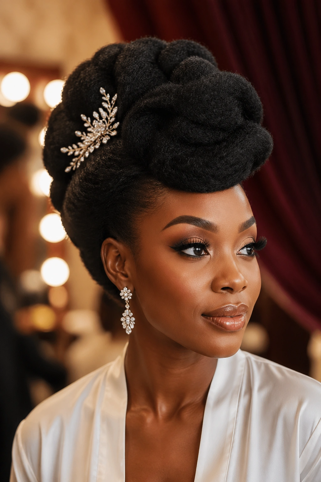 Close-up portrait of a real woman with a structured Afro hairstyle in wedding-prep setting.