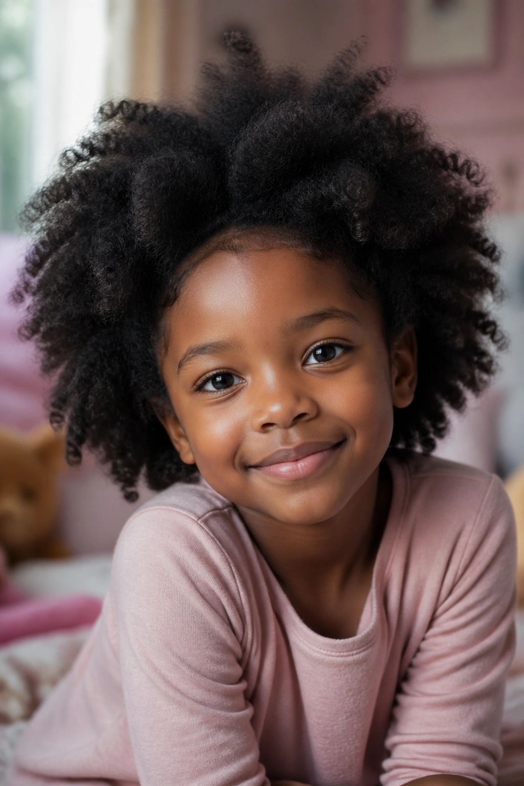 Close-up of a real young girl with thick Afro hair in a cozy bedroom