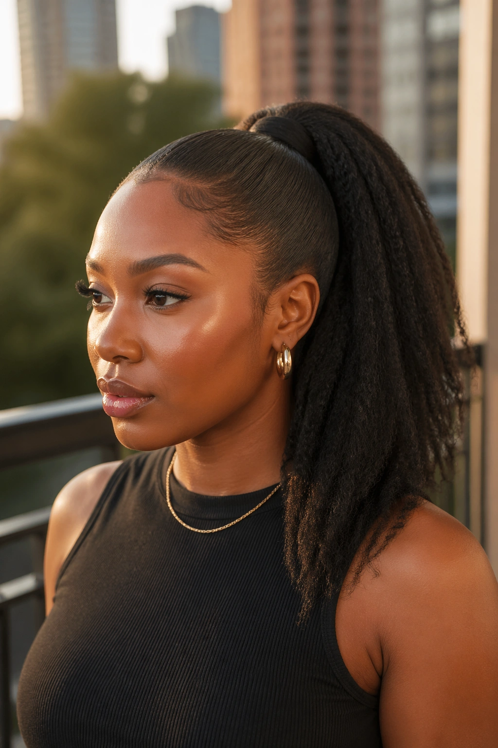 Close-up portrait of a real woman with a kinky straight drawstring ponytail