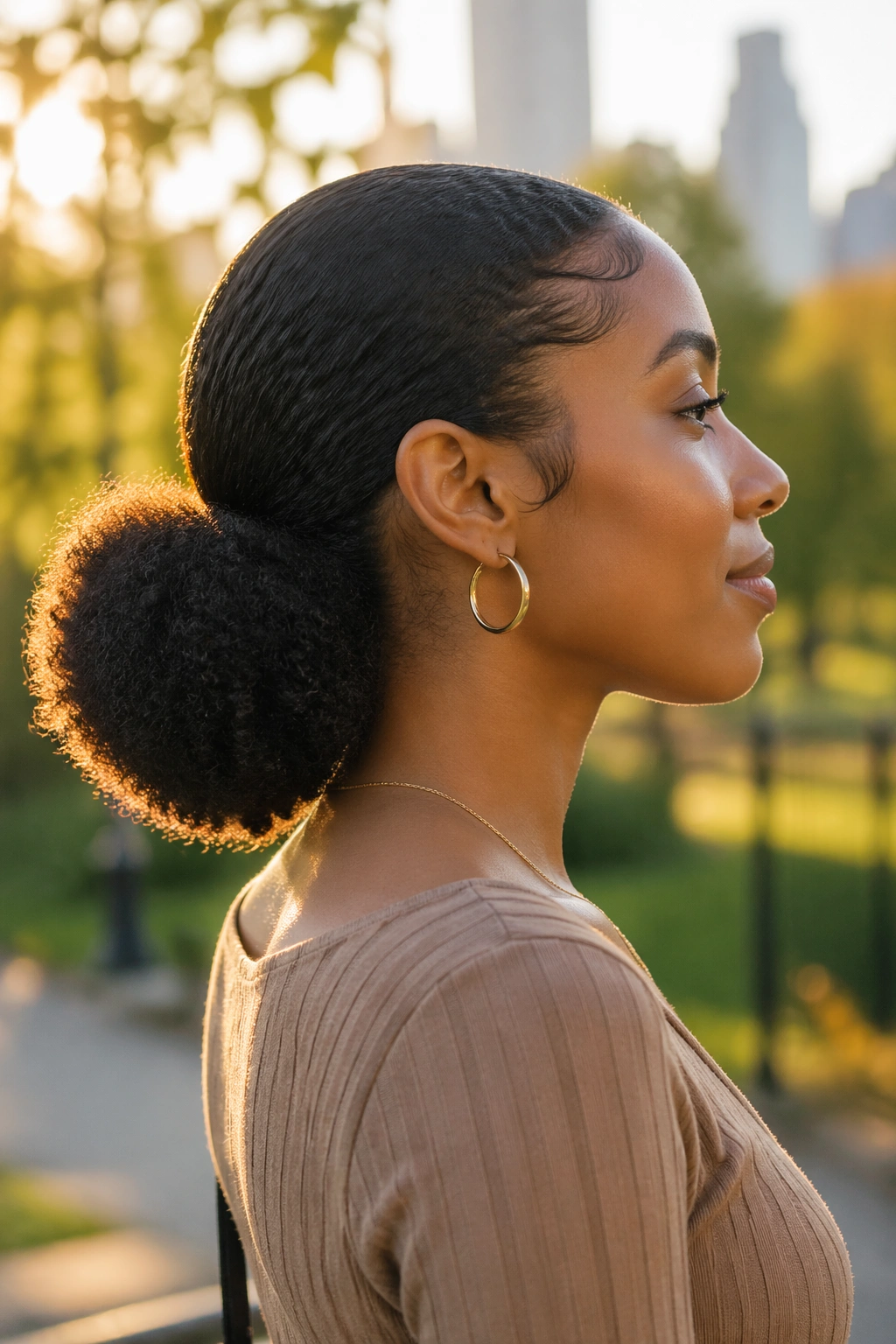 Side profile of low puff ponytail in golden-hour park.