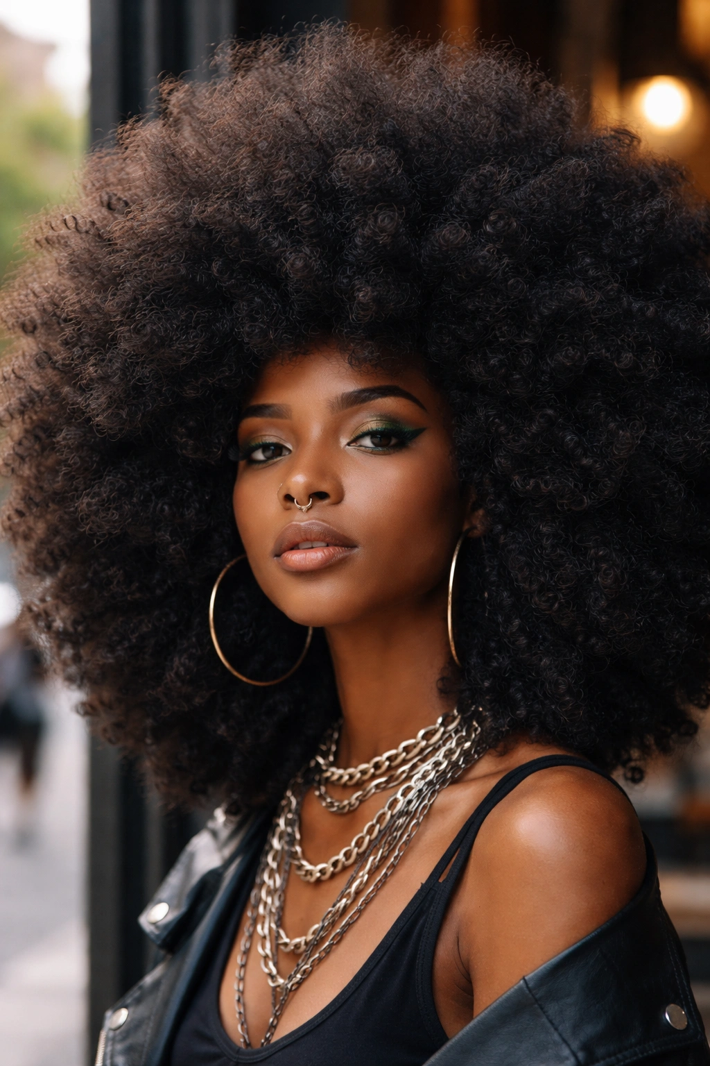 Close-up of a woman's voluminous afro hairstyle