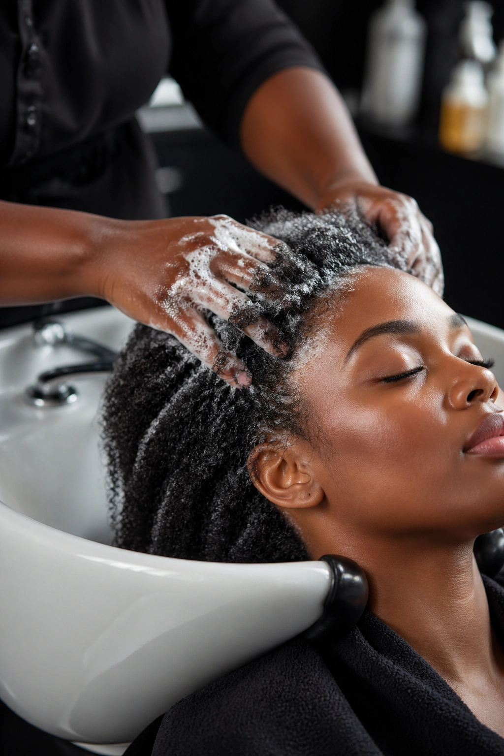 Close-up of damp afro hair being prepared at a salon sink