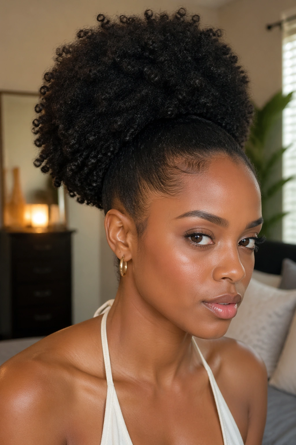 Close-up of a woman with a drawstring puff ponytail showing Afro-textured hair in a rounded crown puff