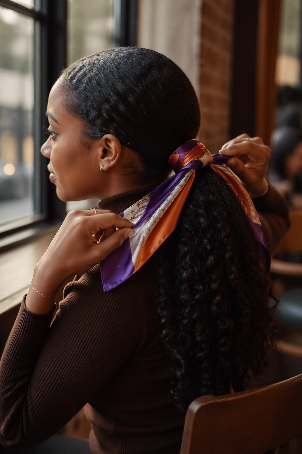 Candid shot of satin-scarf wrapped low ponytail in cafe.