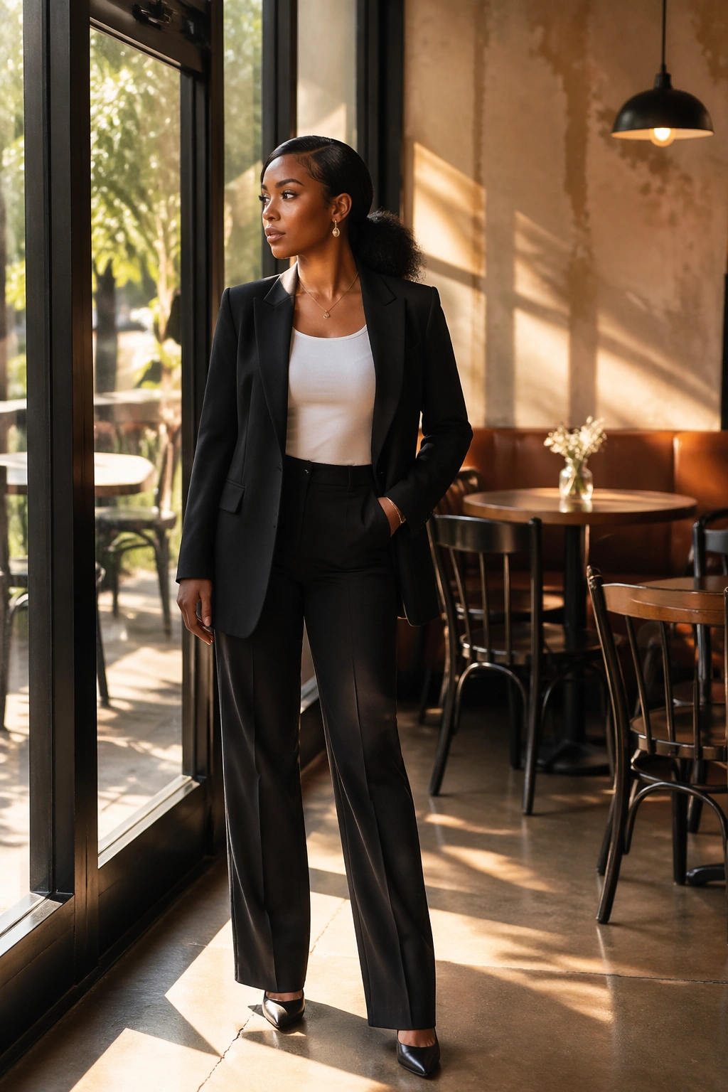 Wide shot of deep side-part low ponytail with blazer at sunlit cafe.
