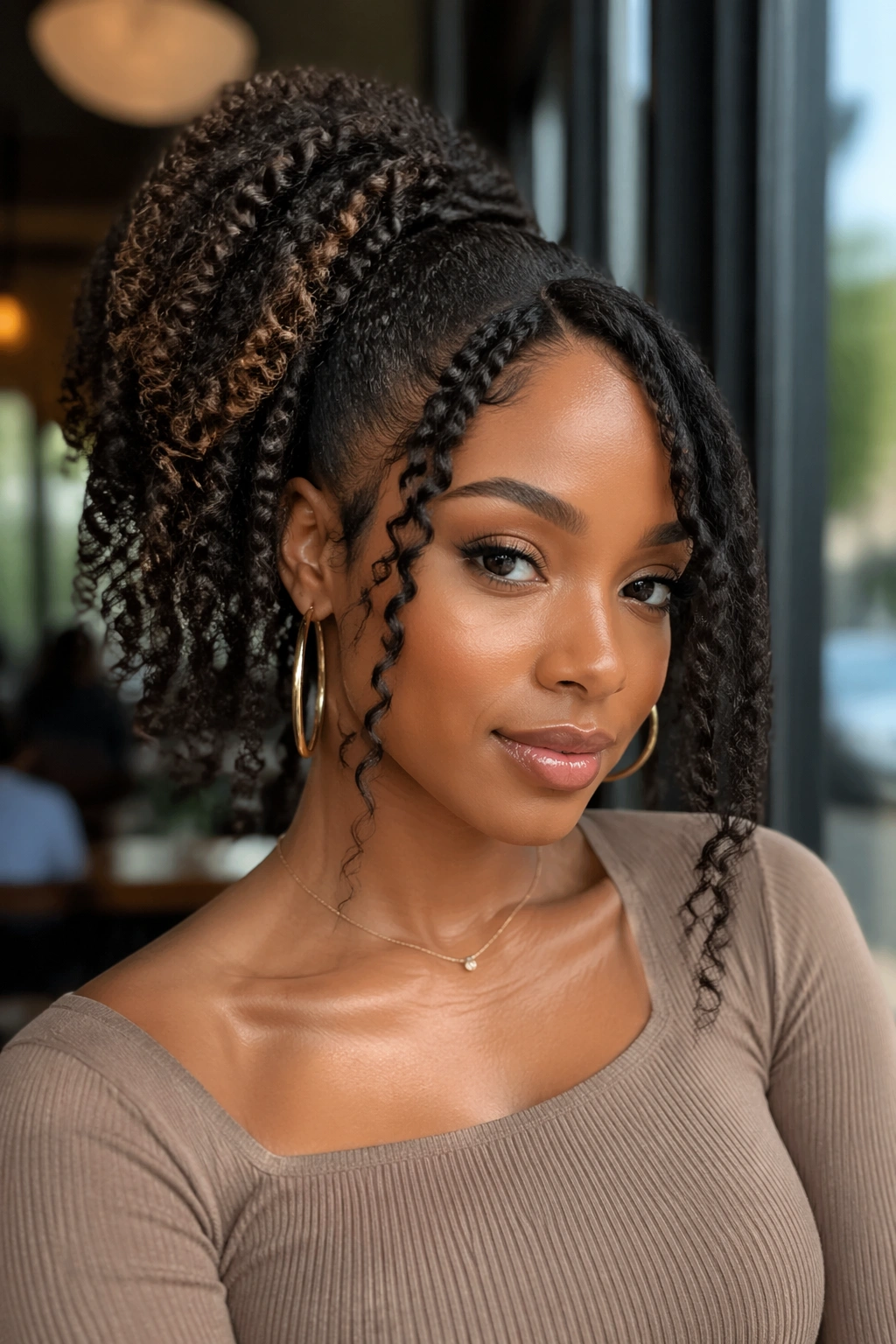 Close-up portrait of a real woman with side-swept drawstring ponytail and face-framing pieces