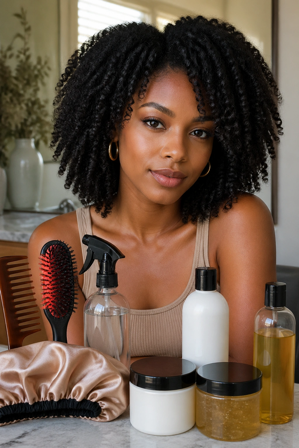 Close-up portrait of a person with medium-length Afro hair in a warm bathroom setting
