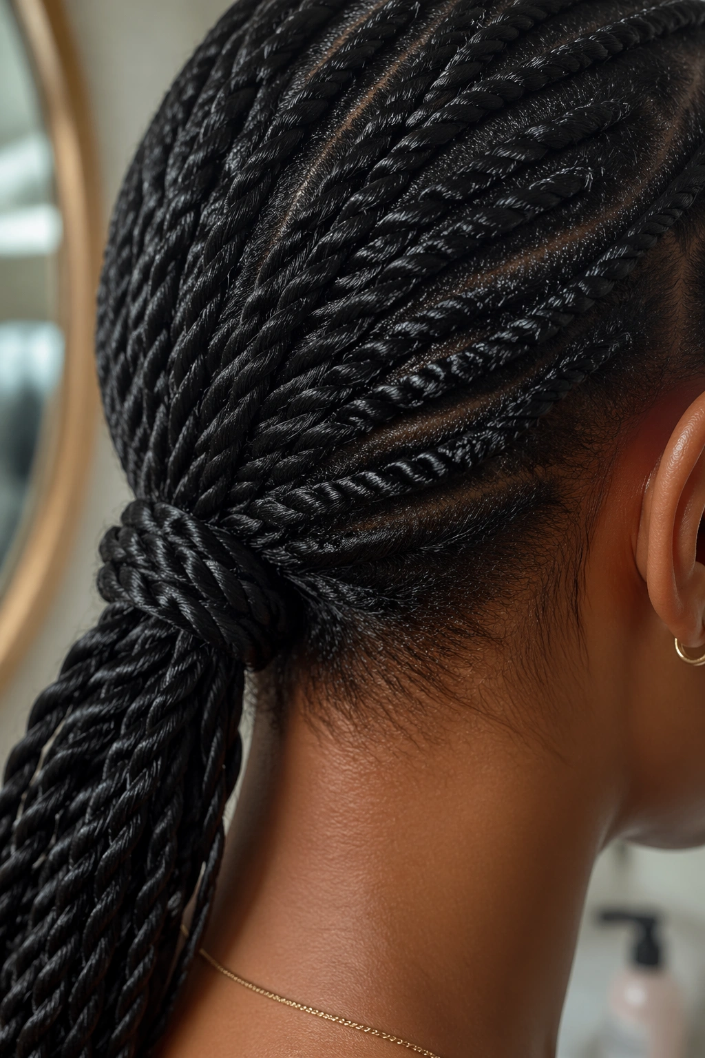 Close-up of two-strand twist low ponytail at nape