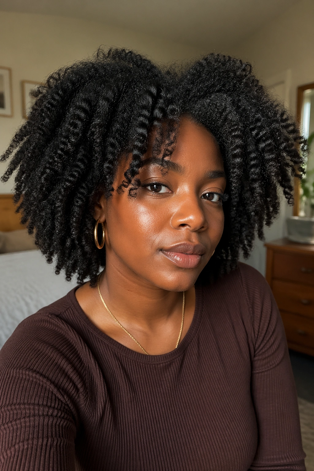 Close-up portrait of a real person with Afro hair types showing 4A/4B/4C curls in warm window light