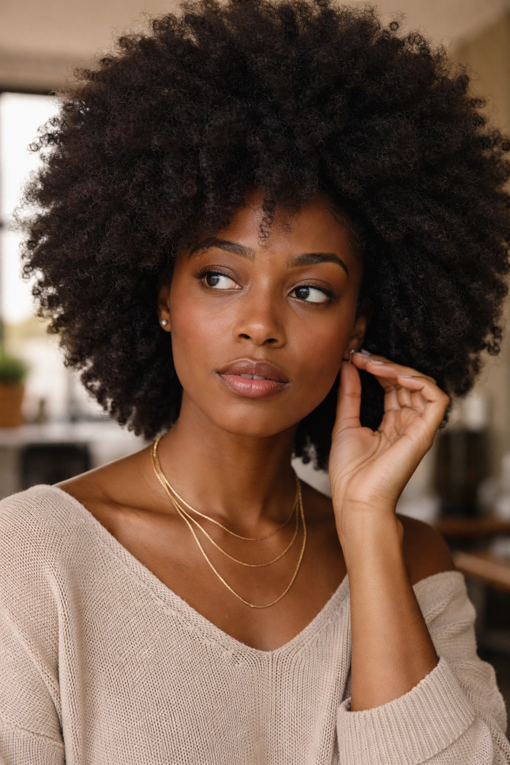 Portrait of a woman with afro and tiny earrings in urban setting