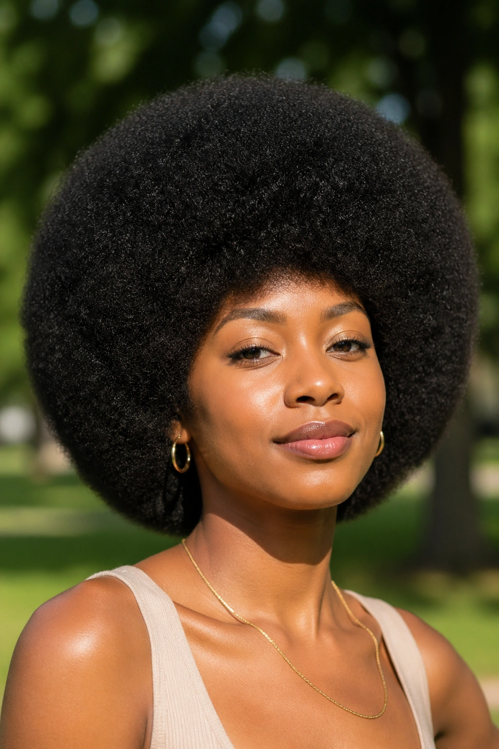 Close-up of a real person with a perfectly shaped, rounded afro.
