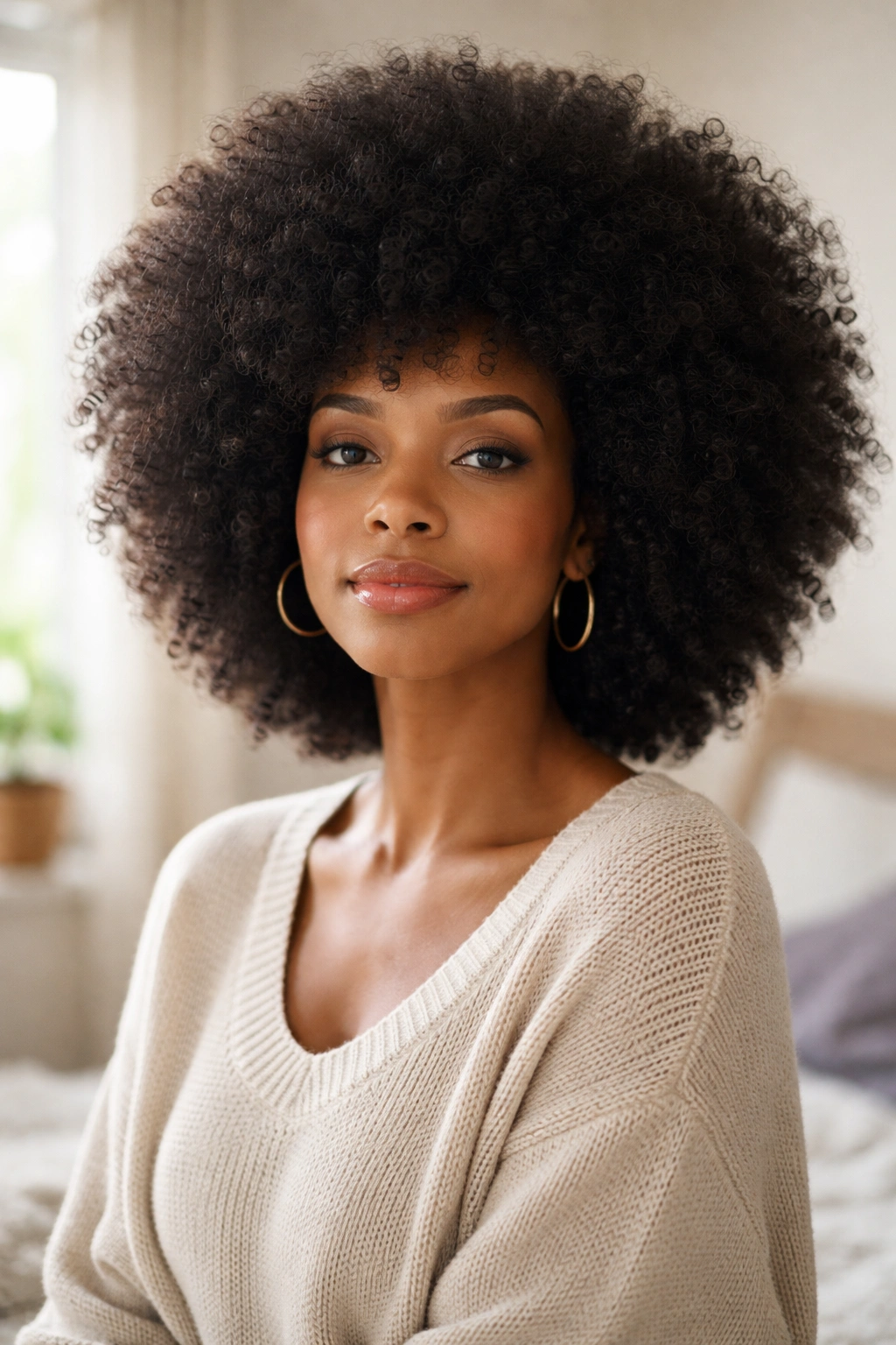 Close-up of a woman with a full rounded Afro in a softly lit bedroom