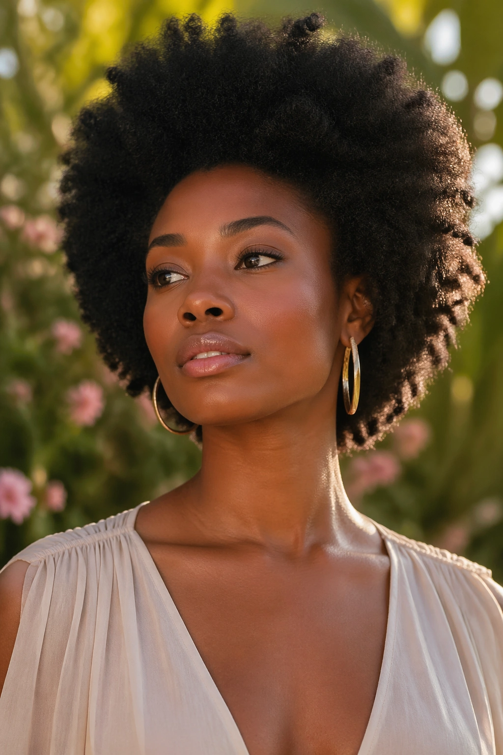 Close-up portrait of a real woman with a full Afro and visible neckline