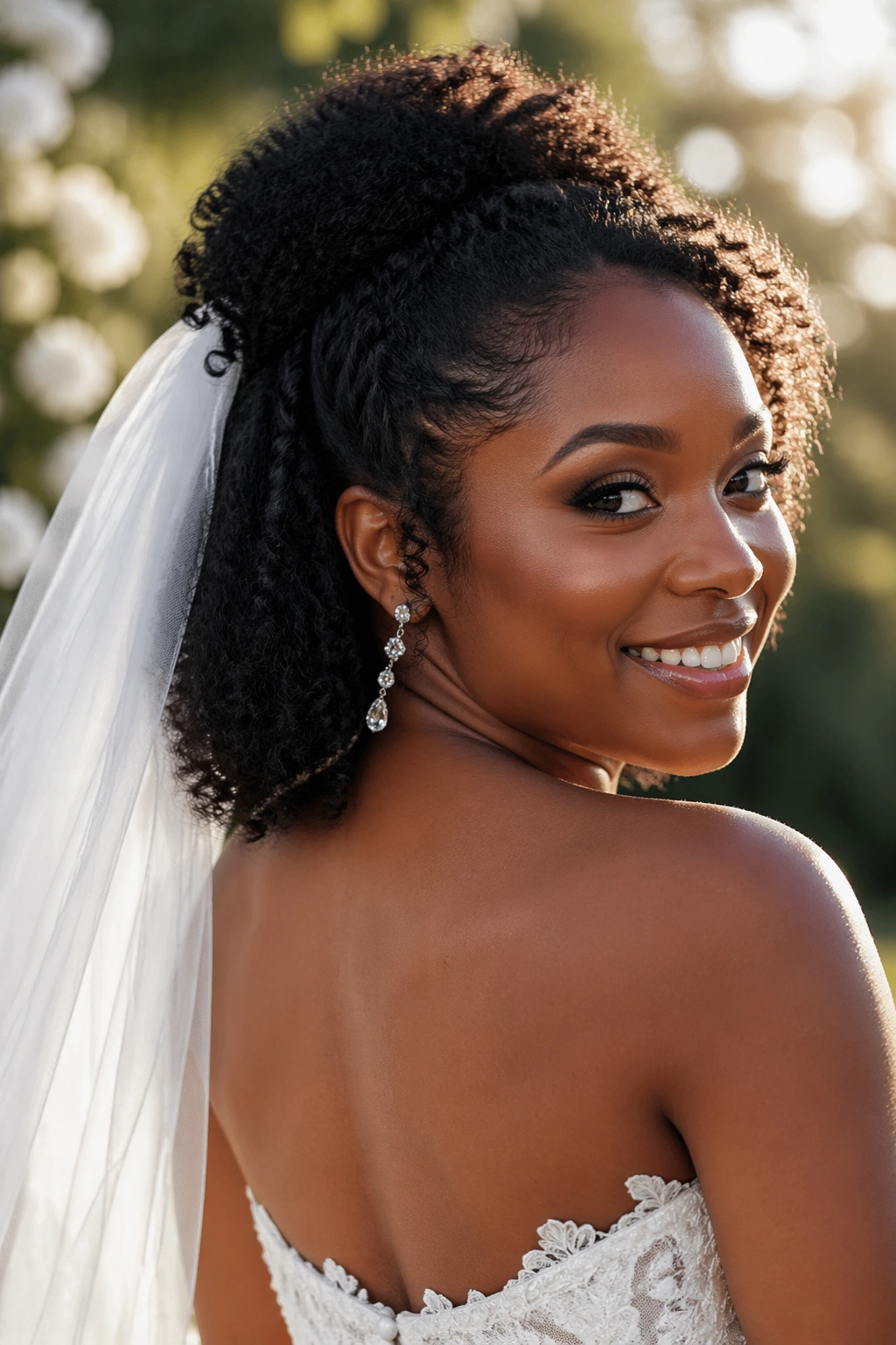 Close-up of a real bride wearing Afro Half-Up with Bridal Veil in outdoor backlit ceremony.