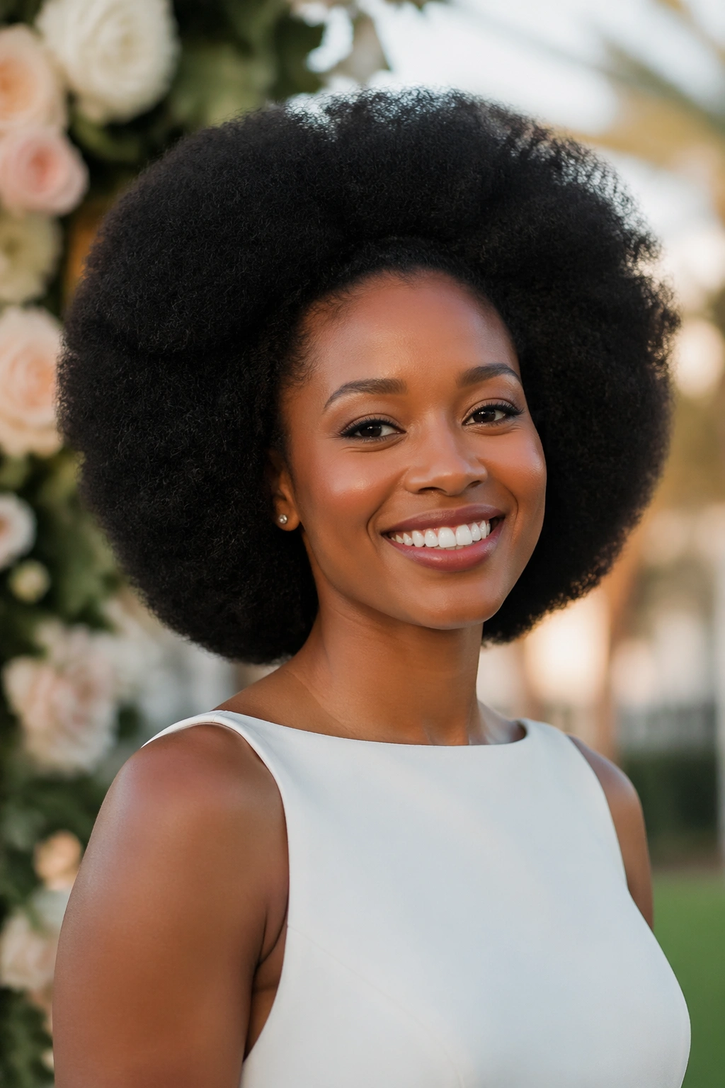 Close-up of a real bride with Afro Halo in a simple wedding dress outdoors.