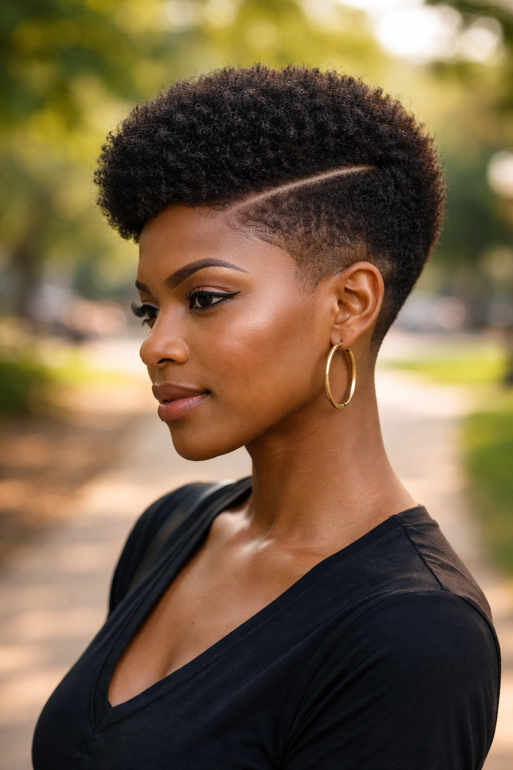 Three-quarter portrait of real woman with Afro and hard part visible on side