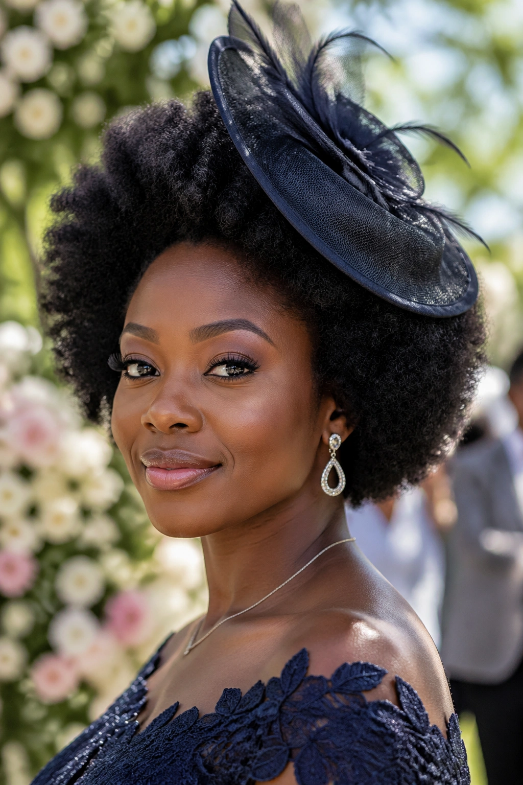 Afro with formal hat in outdoor wedding setting