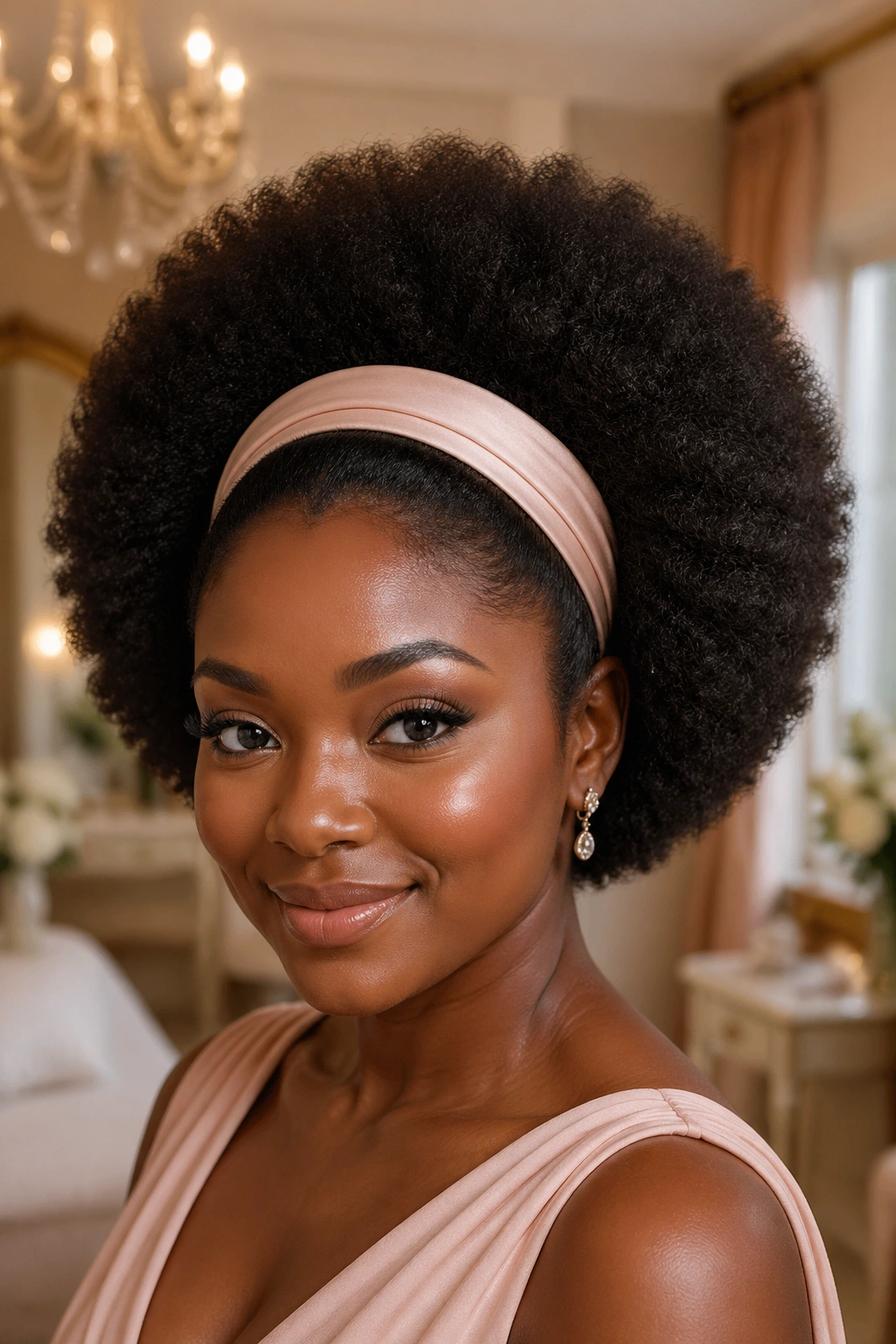 Portrait of a real woman with a full afro and uniform headband in bridal suite lighting.