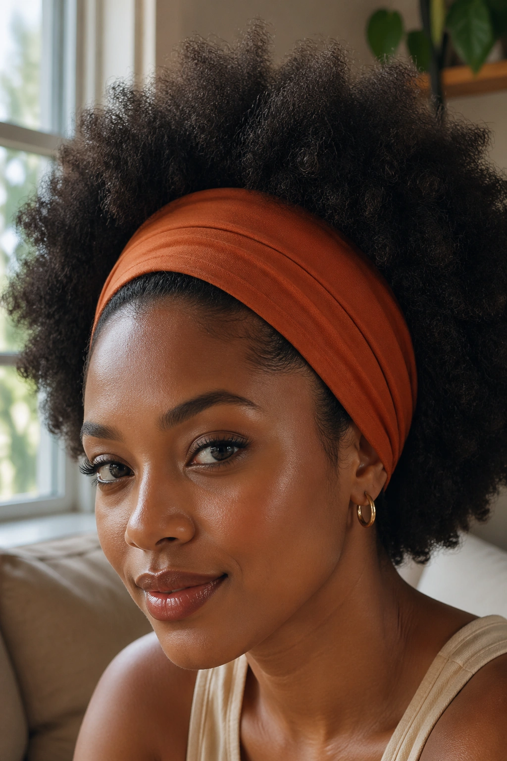 Close-up of a real woman with a picked Afro wearing a wide headband in a warm living room.