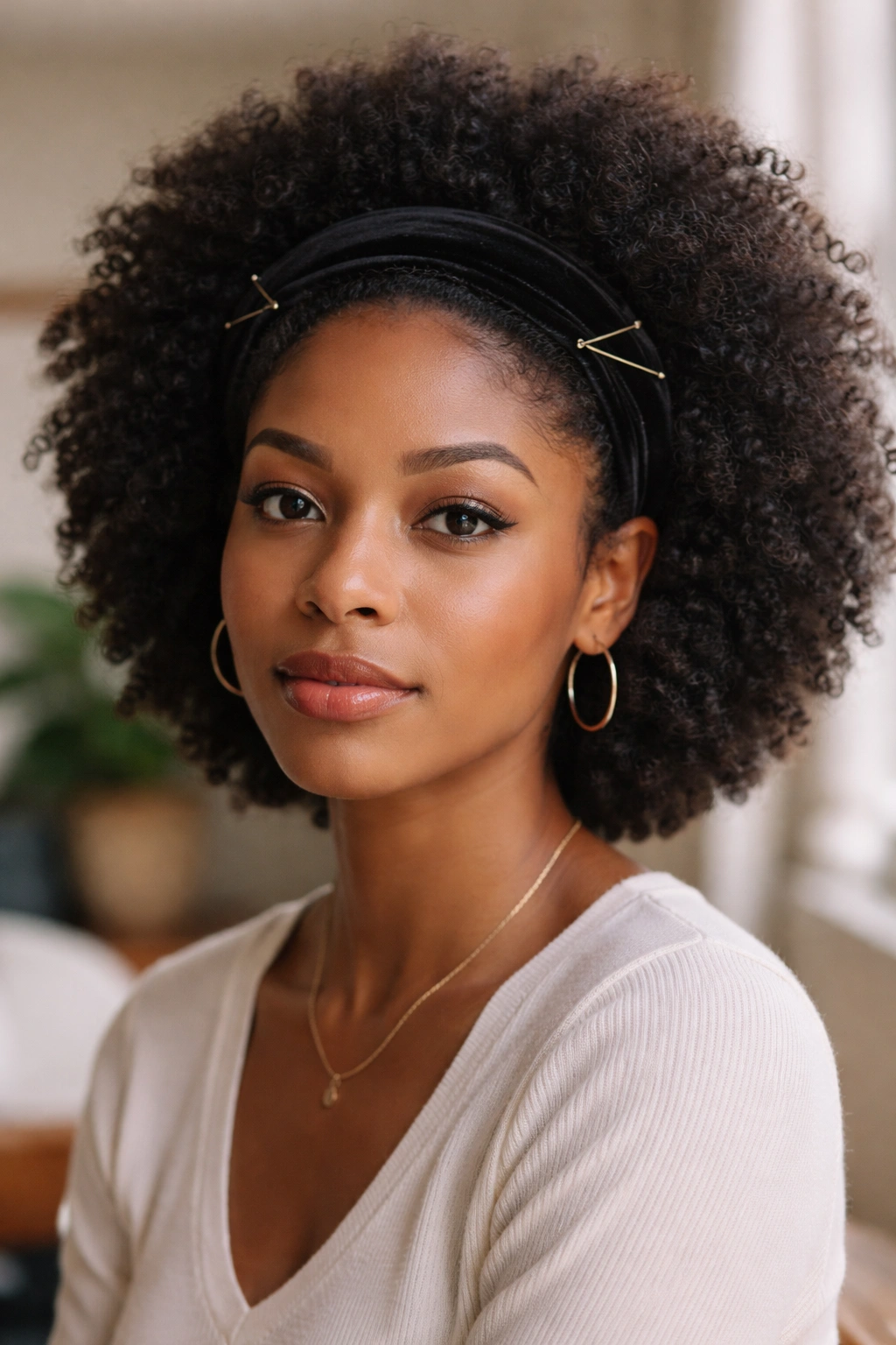 Close-up of Afro hair with a velvet headband secured by two bobby pins