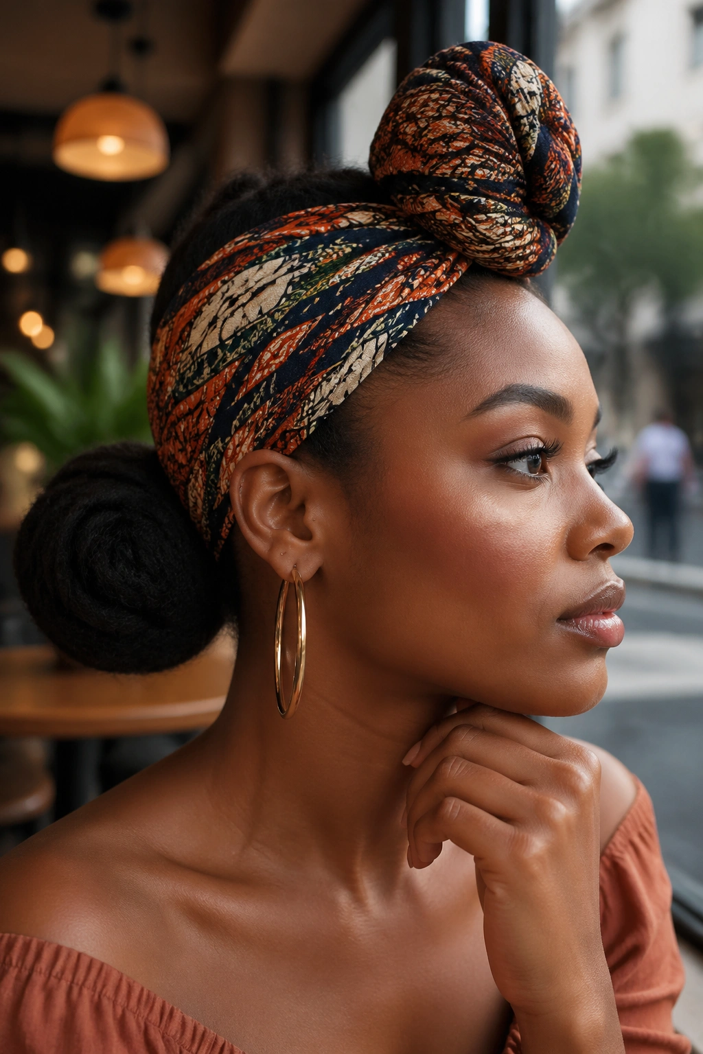 Real woman wearing a tall front knot headband with a bun at the back, Afro hairstyle, urban setting.