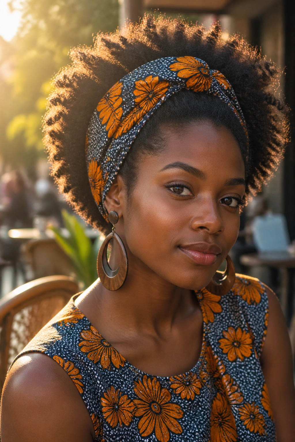 Close-up of real woman wearing a matching scarf headband with her dress, Afro hairstyle, outdoor cafe setting.