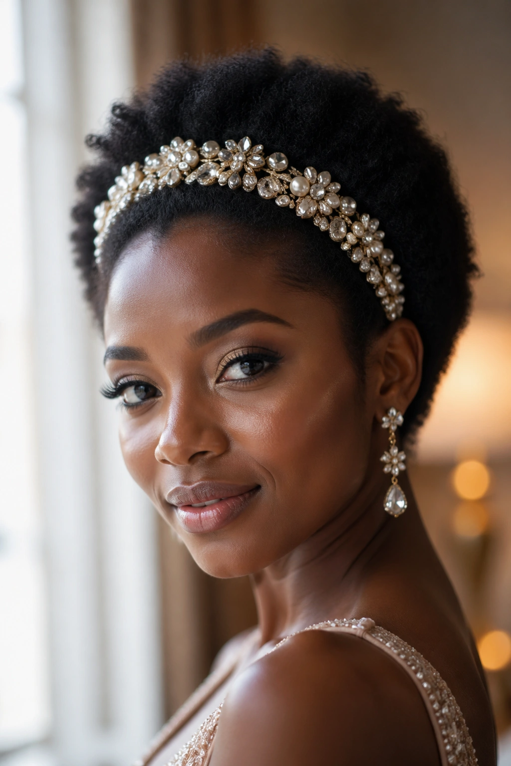 Close-up of a Black woman with a short Afro wearing a wide jeweled headband.