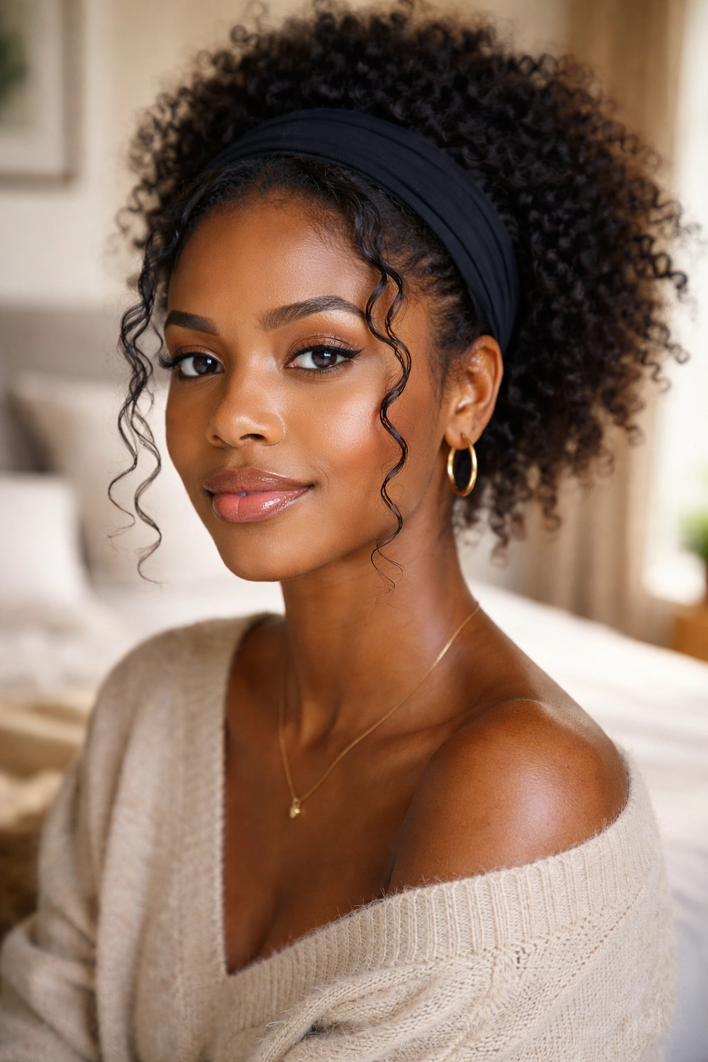 Close-up portrait of a Black woman wearing a headband with tendrils framing the face