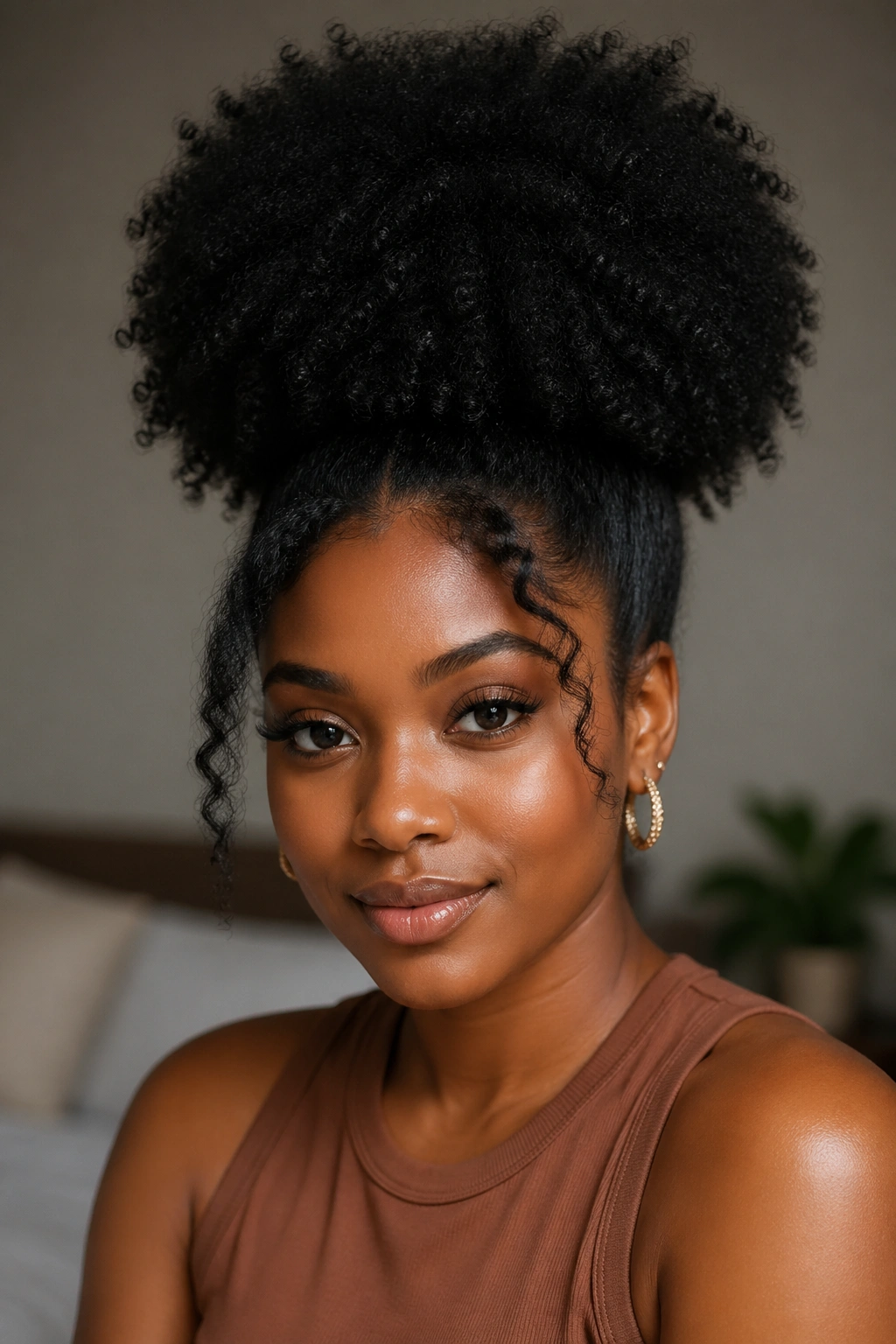 Close-up of a real person with a high puff afro hairstyle filling the frame