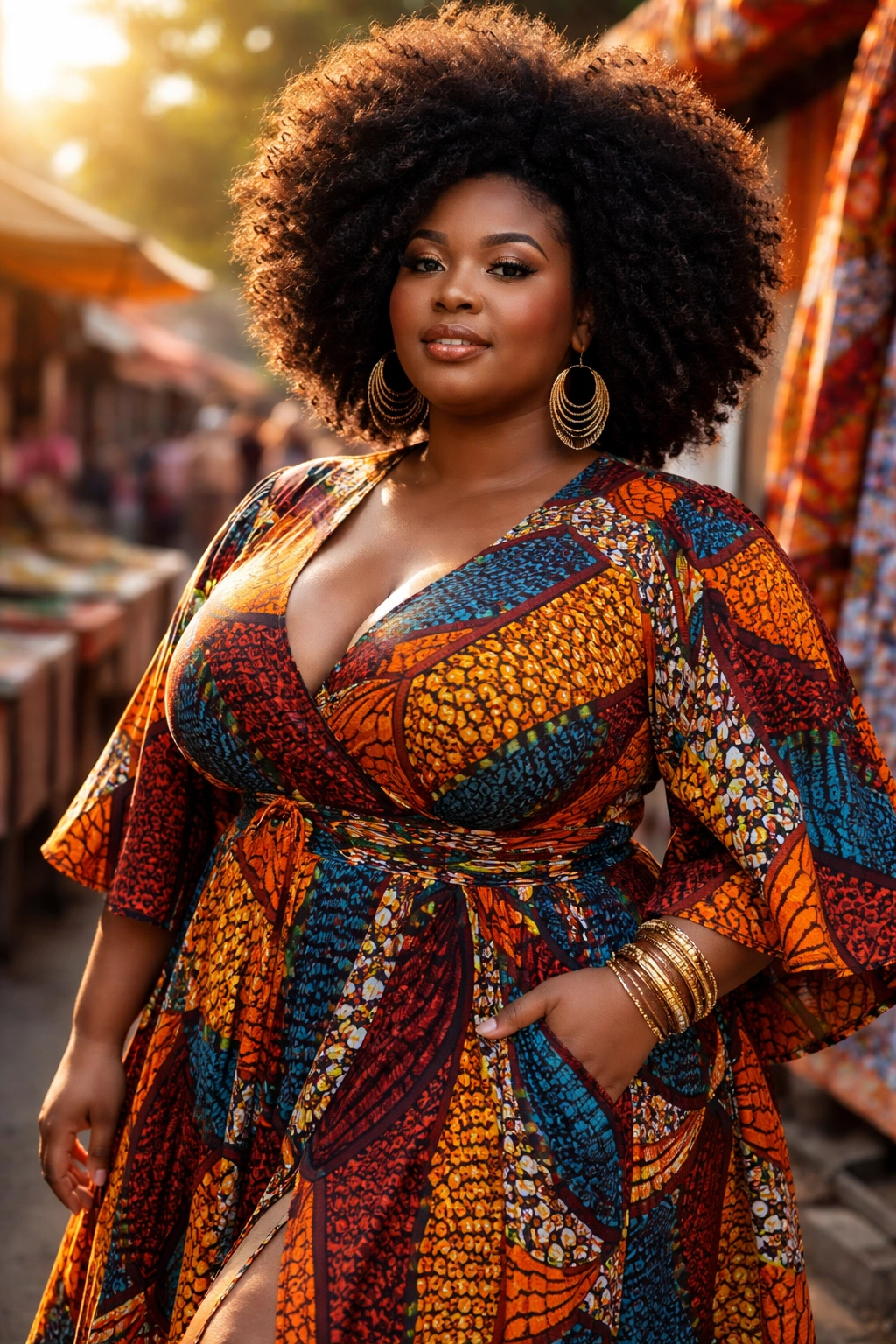 Close-up portrait of a plus-size woman in bold Afro-inspired outfit with Ankara prints outdoors