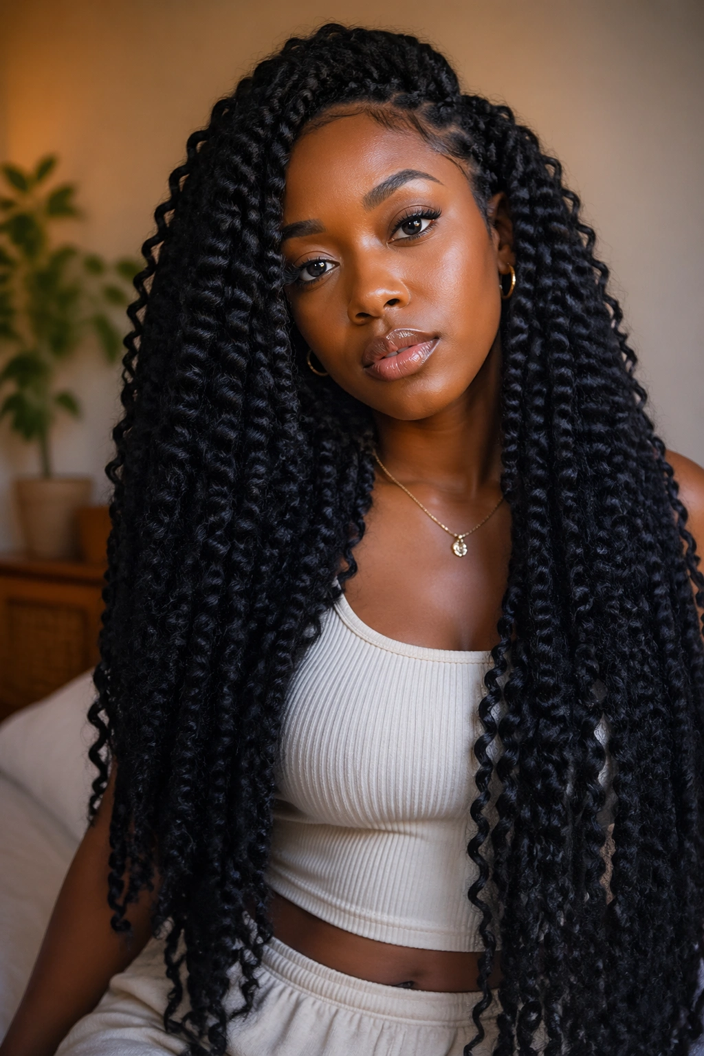 Real woman with waist-length Afro kinky crochet twists in soft indoor light