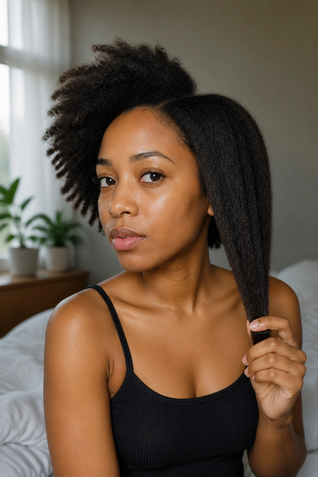 Close-up portrait of Afro hair showing shrinkage on a real person in a softly lit bedroom