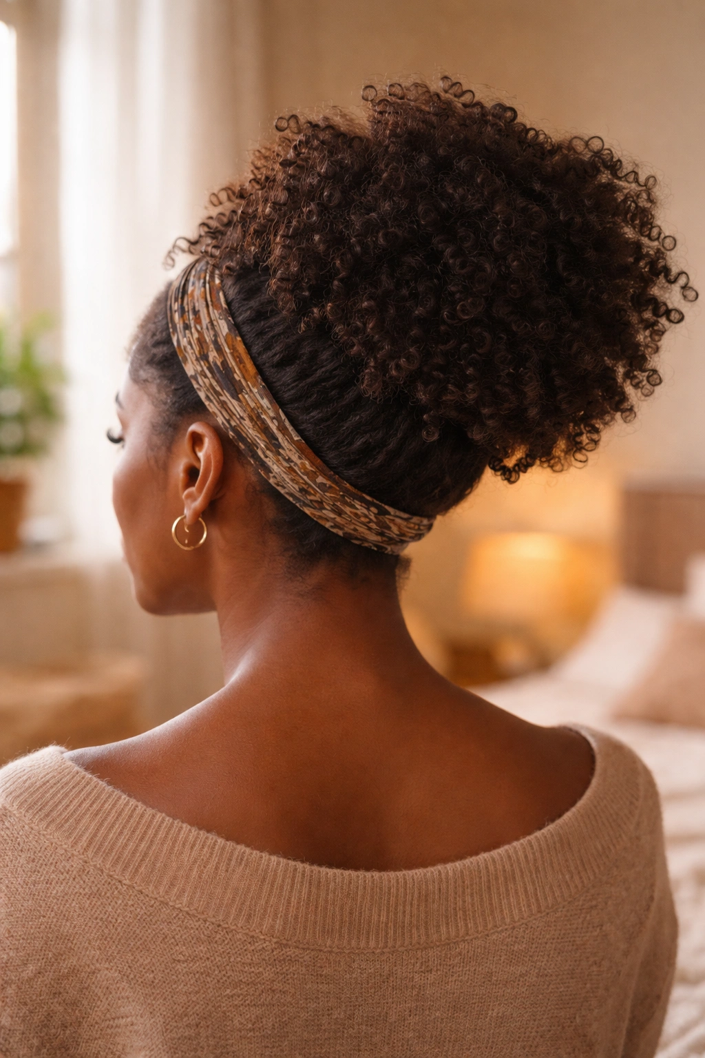Rear view of a woman with a headband at the nape of the neck