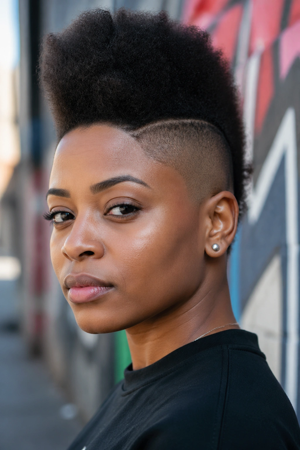 Close-up of a real person with a short Afro Mohawk featuring faded sides and a tall top puff