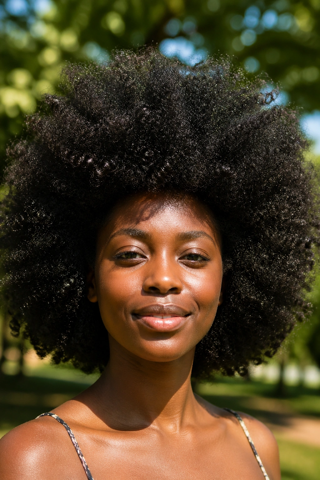 Close-up of a person with a full, voluminous afro outdoors