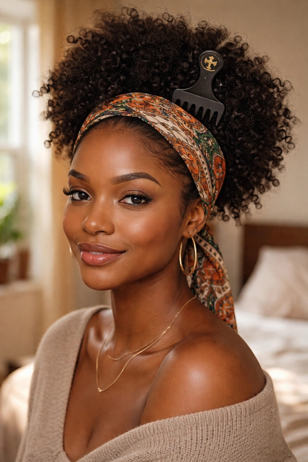 Close-up of real Black woman wearing a headband with an Afro pick tucked behind it.