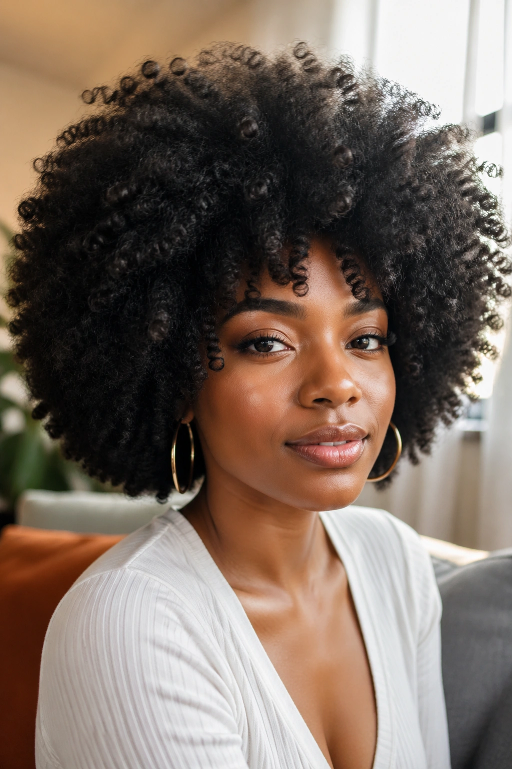 Close-up of a real person with a large round fully picked-out Afro hairstyle.